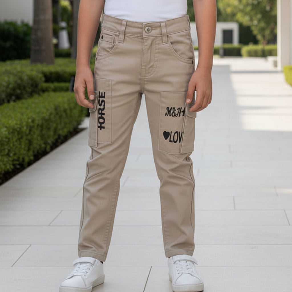 Toddler Cargo Pants Beige 1-8 Years | Boys & Girls Fashion Cargo Trousers with “HORSE” & “LOVE” Patches | MH
