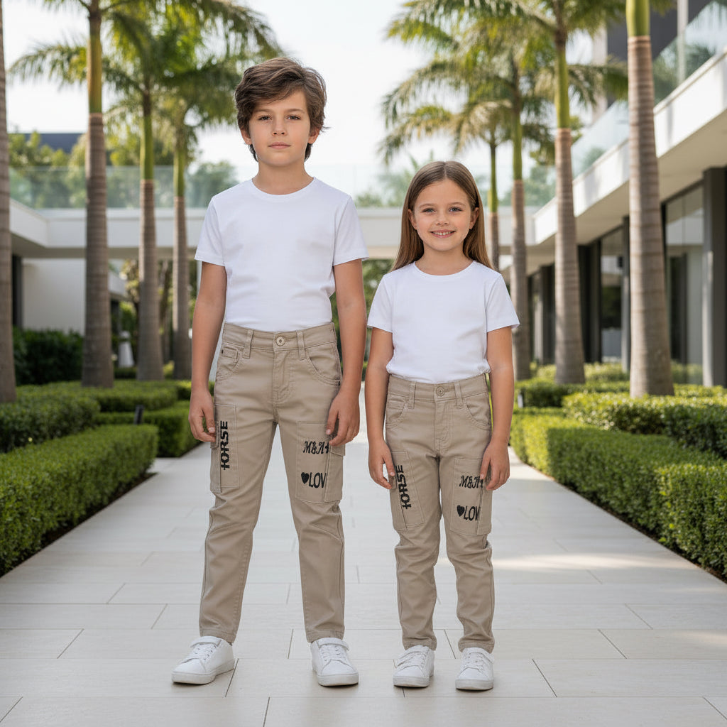 Toddler Cargo Pants Beige 1-8 Years | Boys & Girls Fashion Cargo Trousers with “HORSE” & “LOVE” Patches | MH