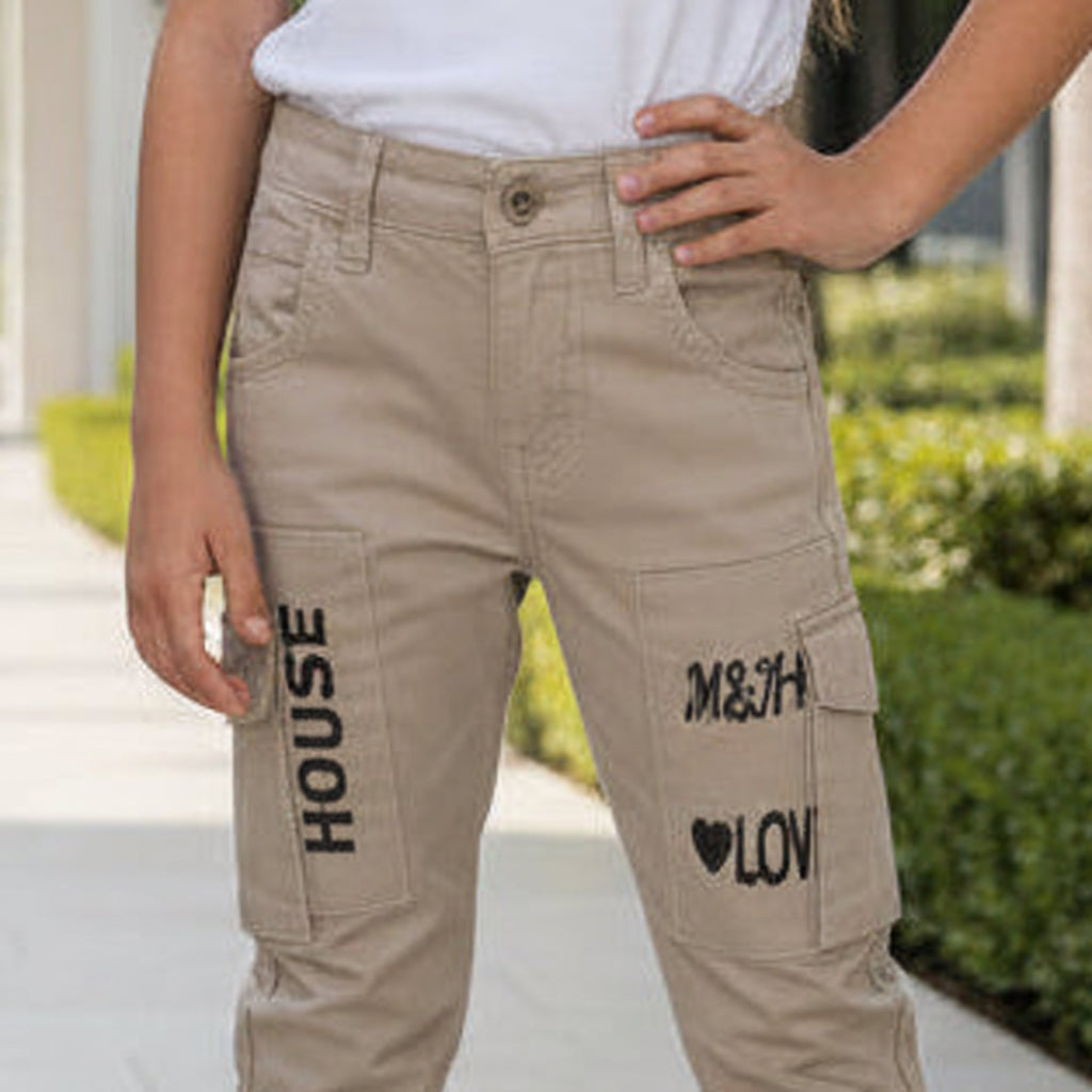 Toddler Cargo Pants Beige 1-8 Years | Boys & Girls Fashion Cargo Trousers with “HORSE” & “LOVE” Patches | MH