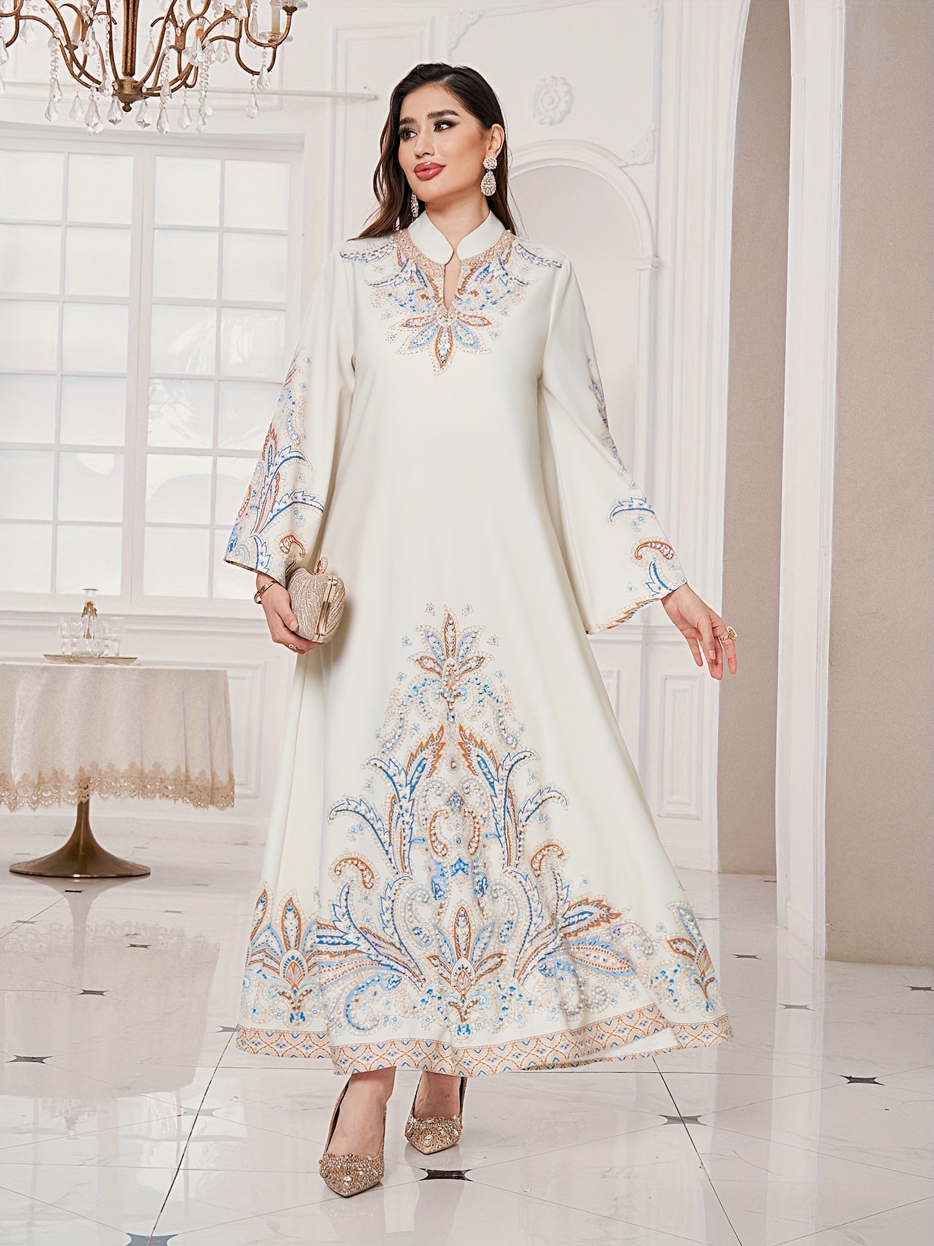 Floral Print Mock Neck Long Sleeve Kaftan Dress, /MH