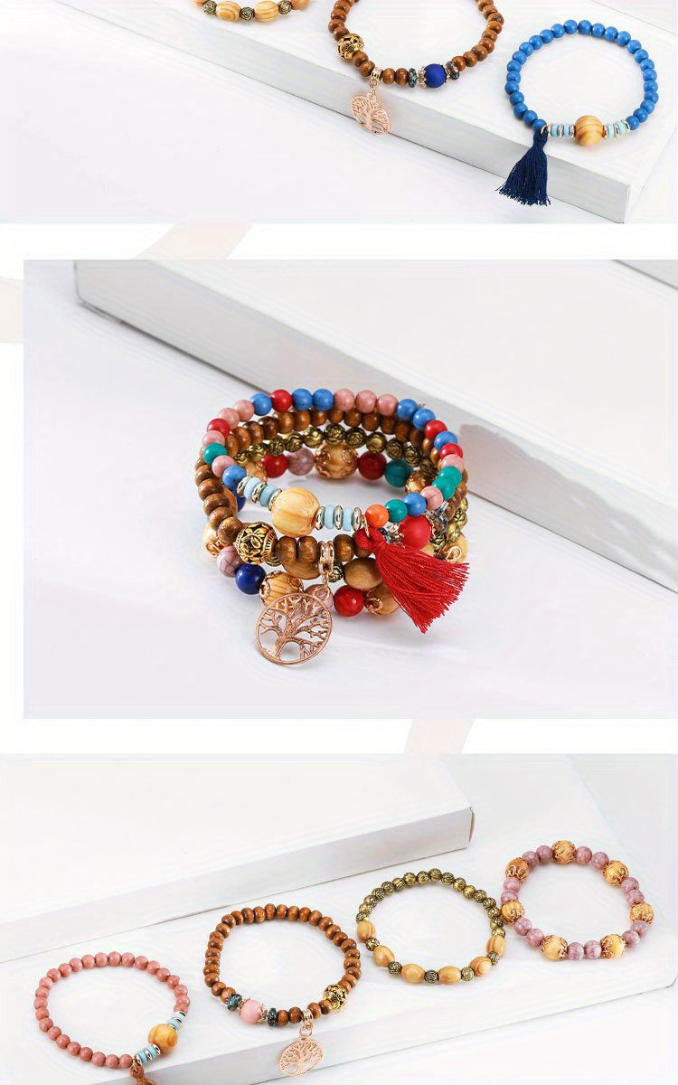 4pcs/set Tree Of Life Pendant Multilayer Beaded Bracelet Round Bead Wooden Bead Bracelet Bohemian Ethnic Jewelry Accessories Handmade -A Stylish Accessory, Father's Day Gift