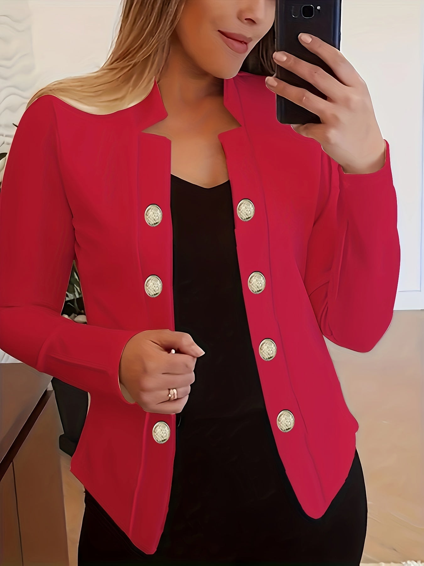 Button Decor Open Front Blazer, Casual Long Sleeve.