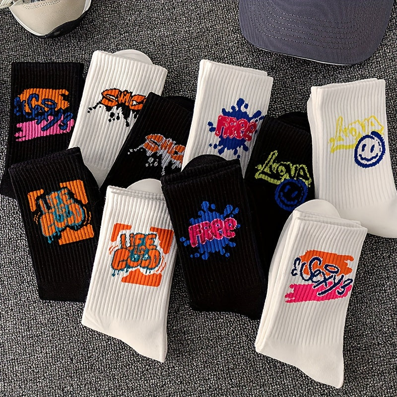 10 Pairs Graffiti Print Socks, Street Style Soft Unisex Mid Tube Socks./MH