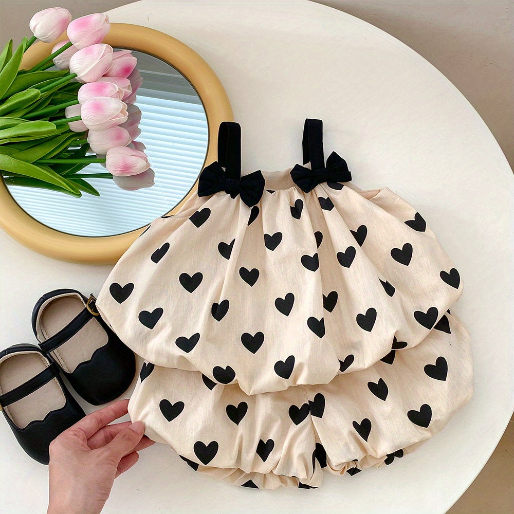 Baby Cotton Sleeveless Bowknot Decor Cami Top+Apricot Love Print Shorts 2pcs Set For Toddler Girls