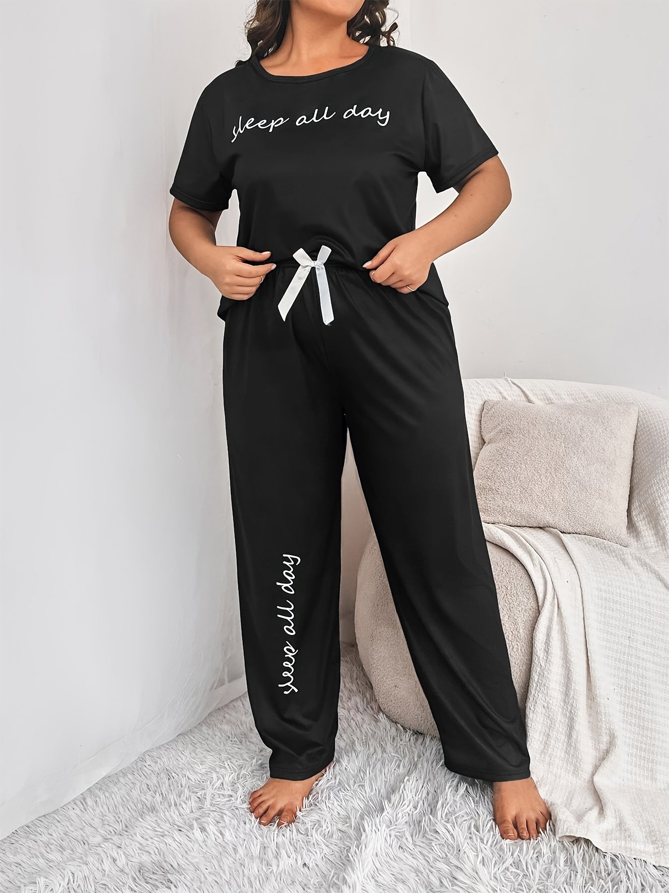 Plus Size Women's Cute Pajama Set, Plus Size Letter Print Short Sleeve Top and Pants Casual 2pcs, Plus Size Pajama Sets