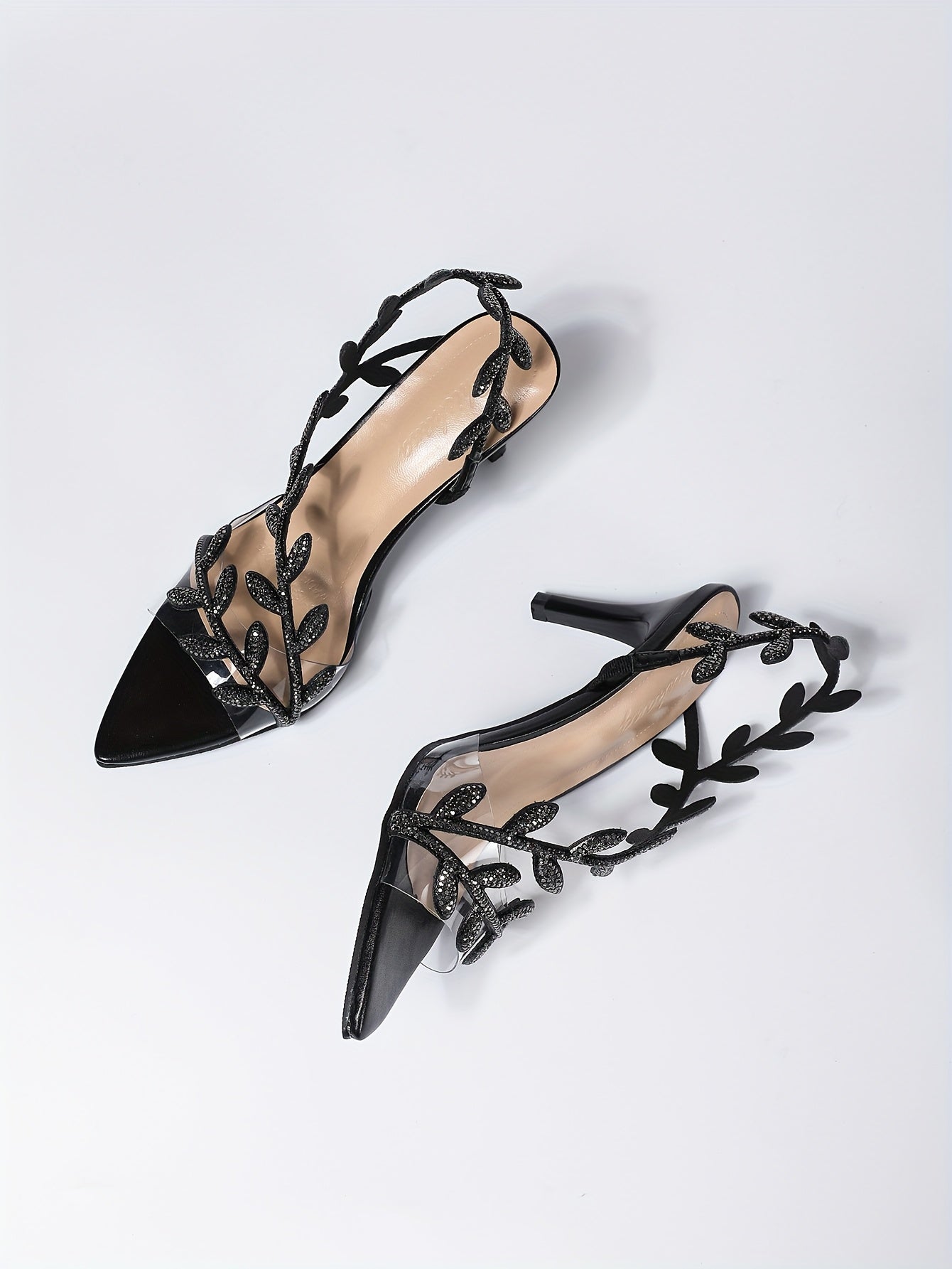 New Women's Rhinestone Leaf Embellished Open-Toe Stiletto Heel Sandals -./MH