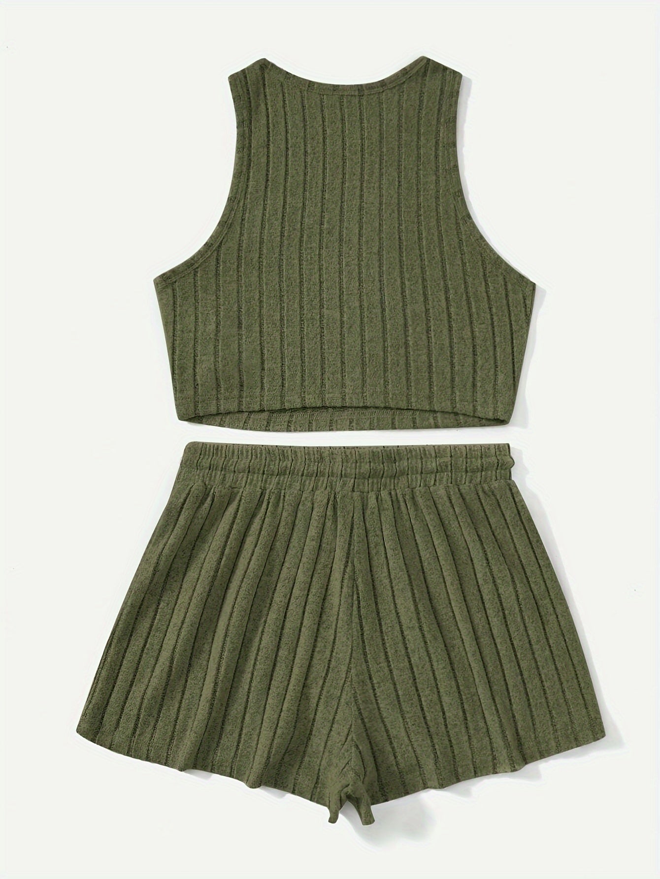 Ribbed Casual Two-piece Set, Crew Neck Sleeveless Tank Top & Drawstring Shorts Outfits, Women's Clothing