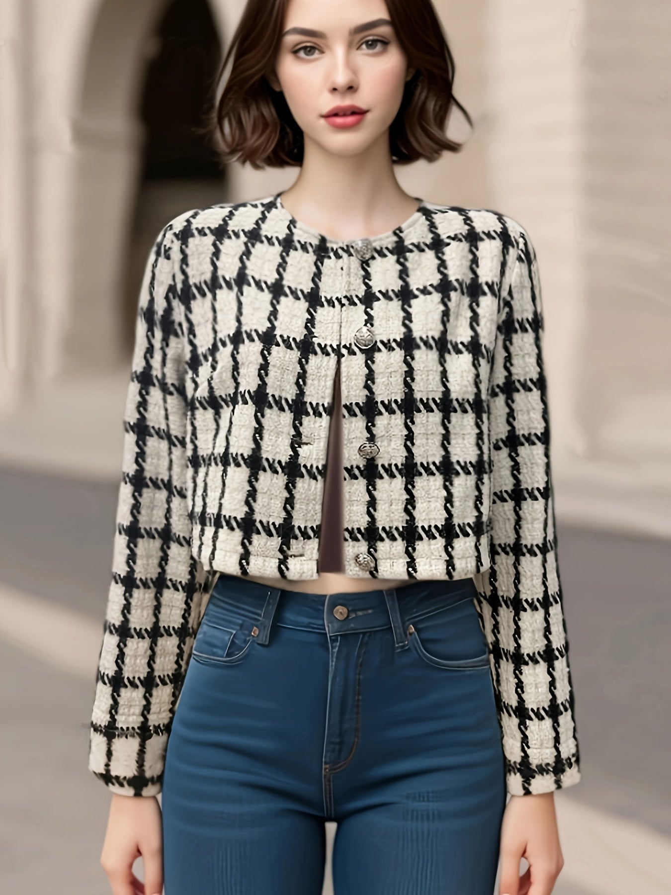 Plaid Print Open Front Blazer, Elegant Long Sleeve Coat For Spring.