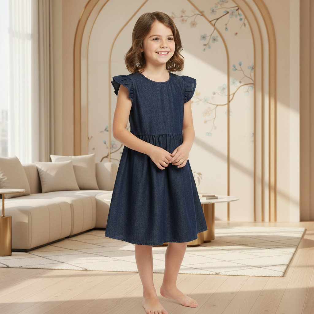 Girls Soft Denim Knee-Length Dress – Lightweight Flutter Sleeve Summer Outfit | Sizes (1-6Years) MH