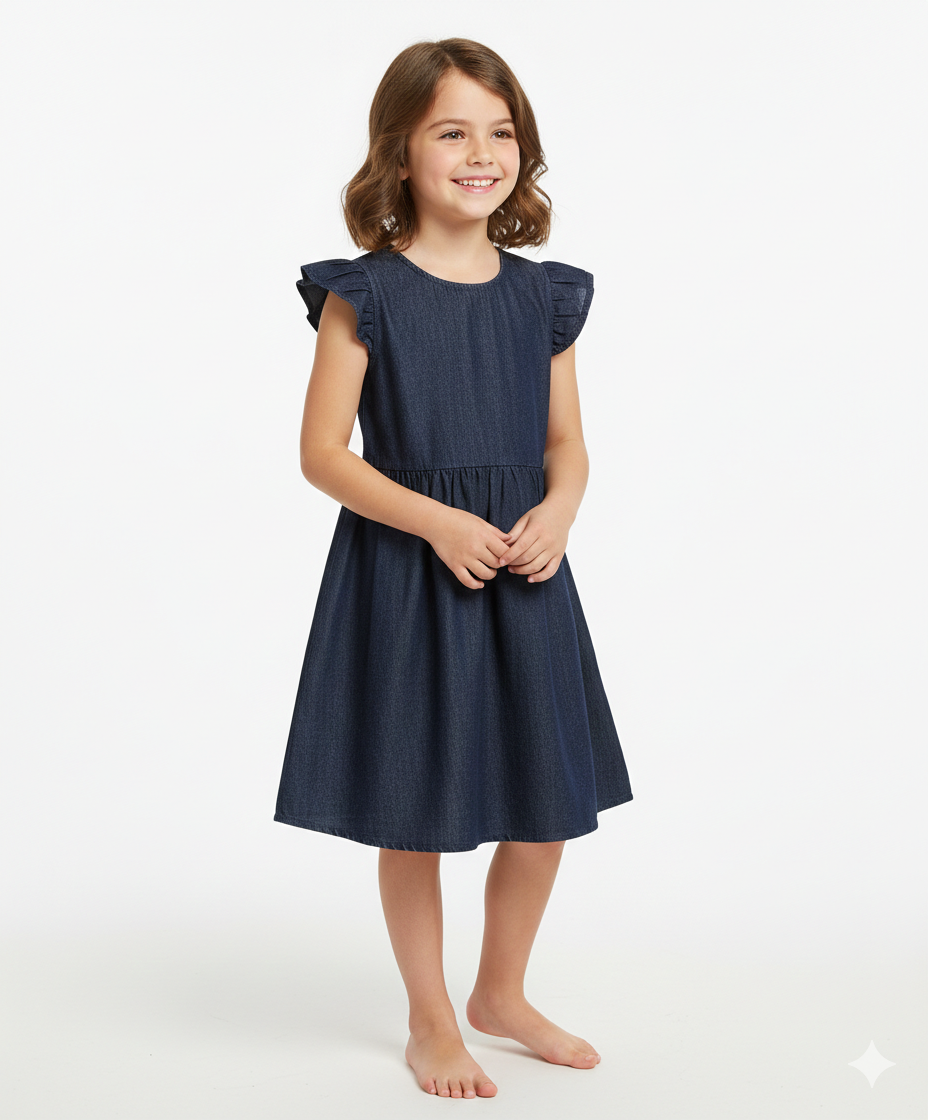 Girls Soft Denim Knee-Length Dress – Lightweight Flutter Sleeve Summer Outfit | MH