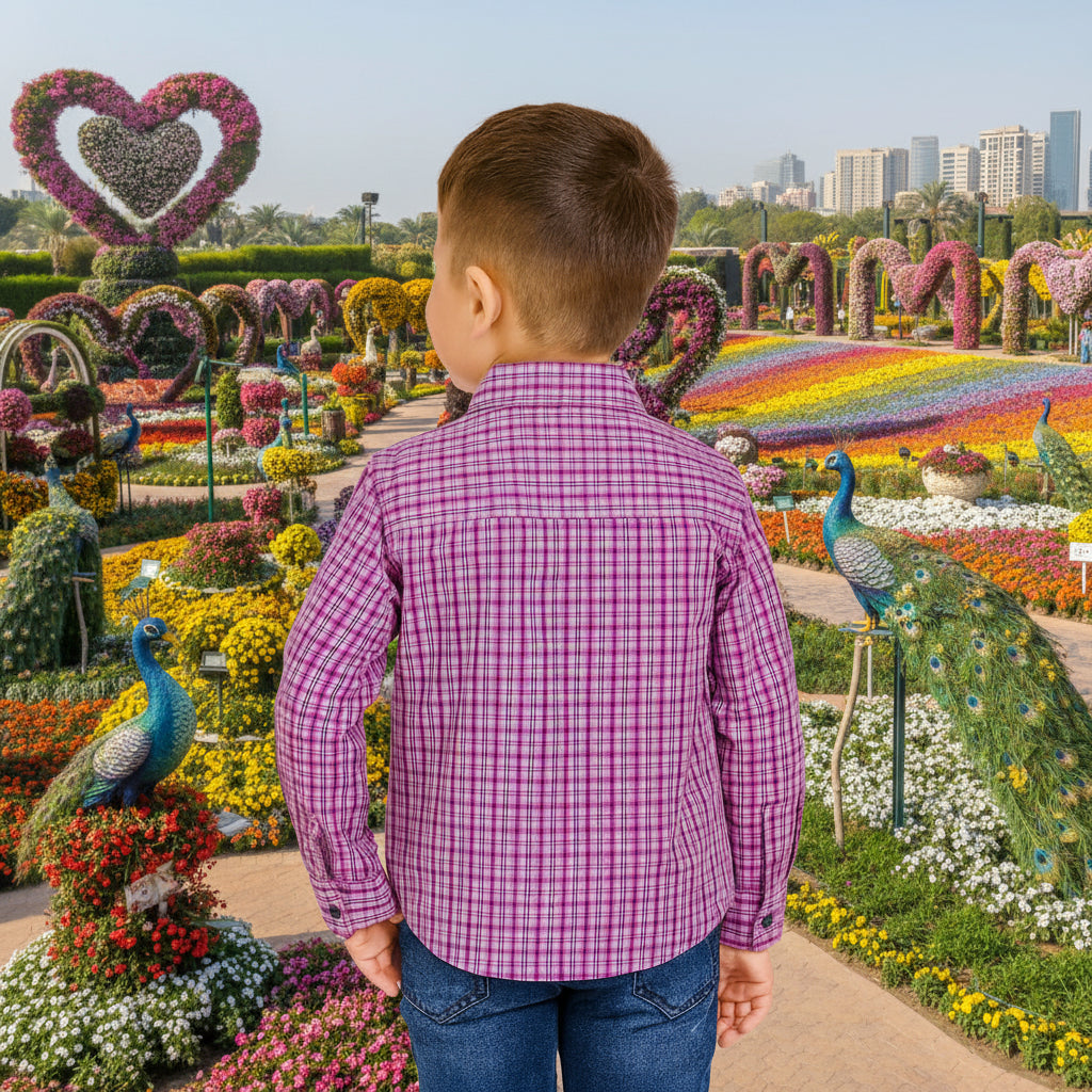 Kids Purple Checkered Shirt Boys Long Sleeve Collar Pocket | Ages 2-12 Sizes | MH