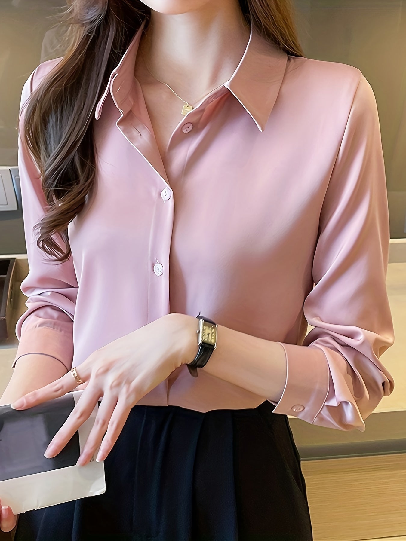 Luxury Feel Wrinkle-Resistant Satin Shirt for Women | Solid Color