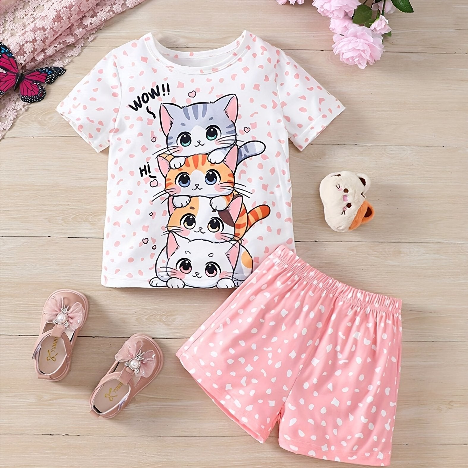 2pcs Girls Cute Underwear Sets, Cute Kitten Print Short Shirts & Shorts,