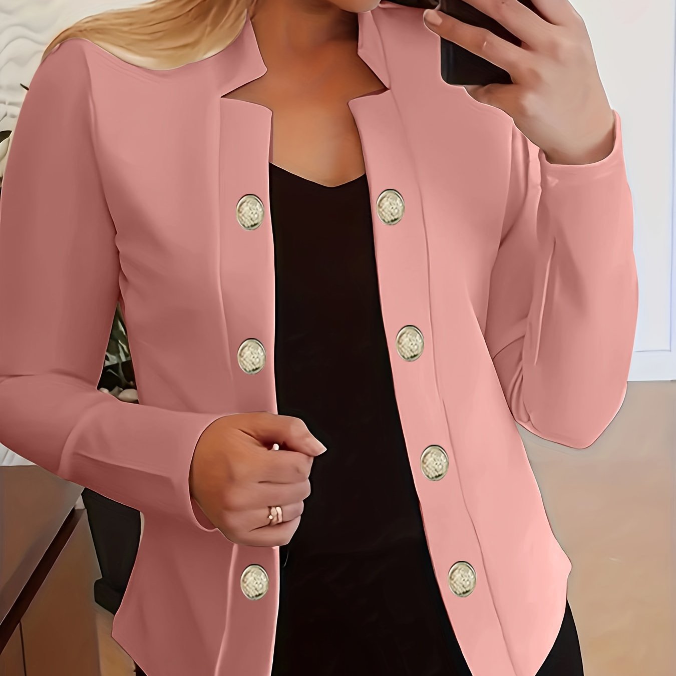 Button Decor Open Front Blazer, Casual Long Sleeve.