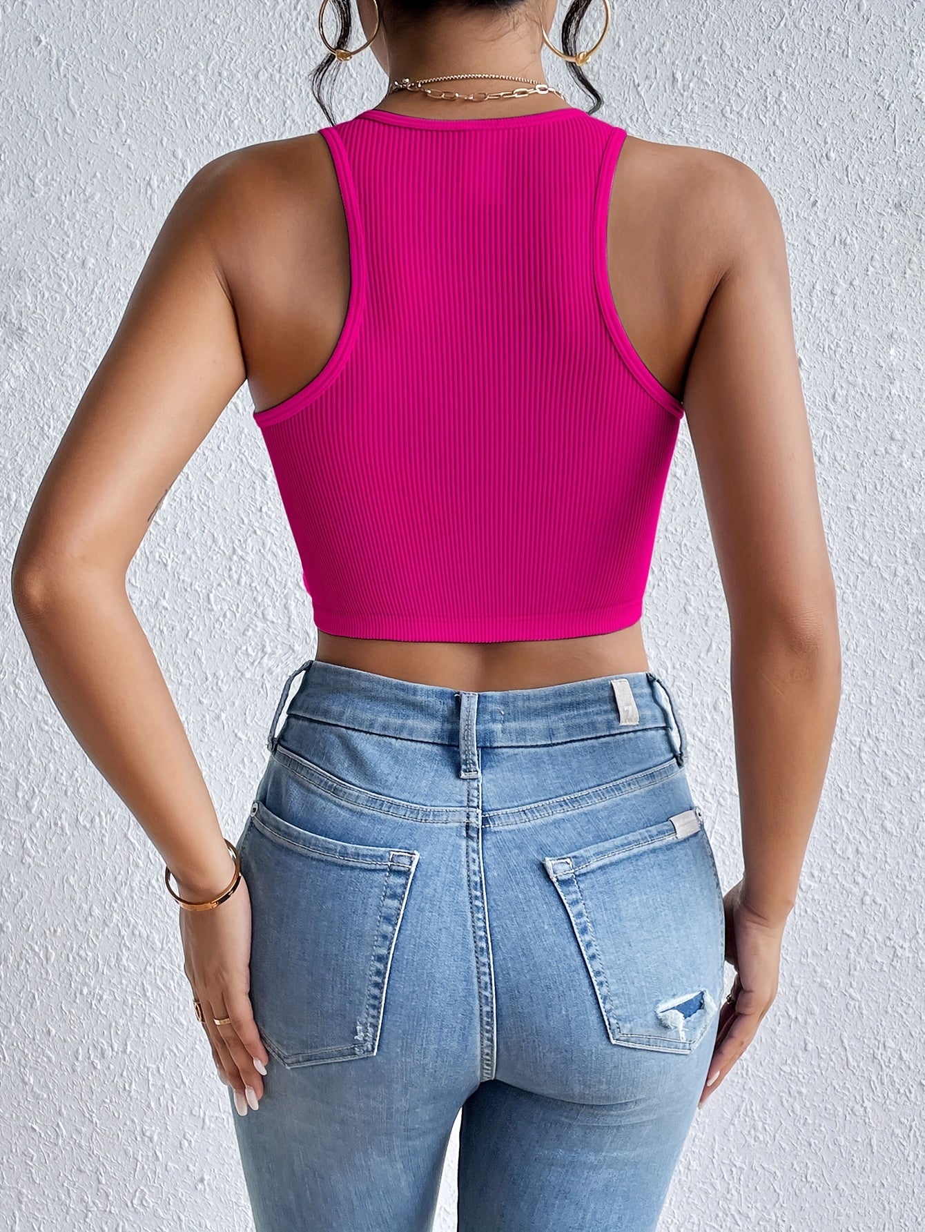 Solid Ribbed Crop Tank Top, Casual Sleeveless Basic Summer Top, Women's Clothing