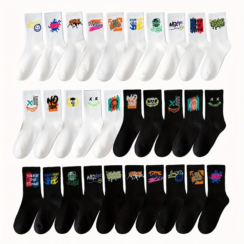 10 Pairs Graffiti Print Socks, Street Style Soft Unisex Mid Tube Socks./MH