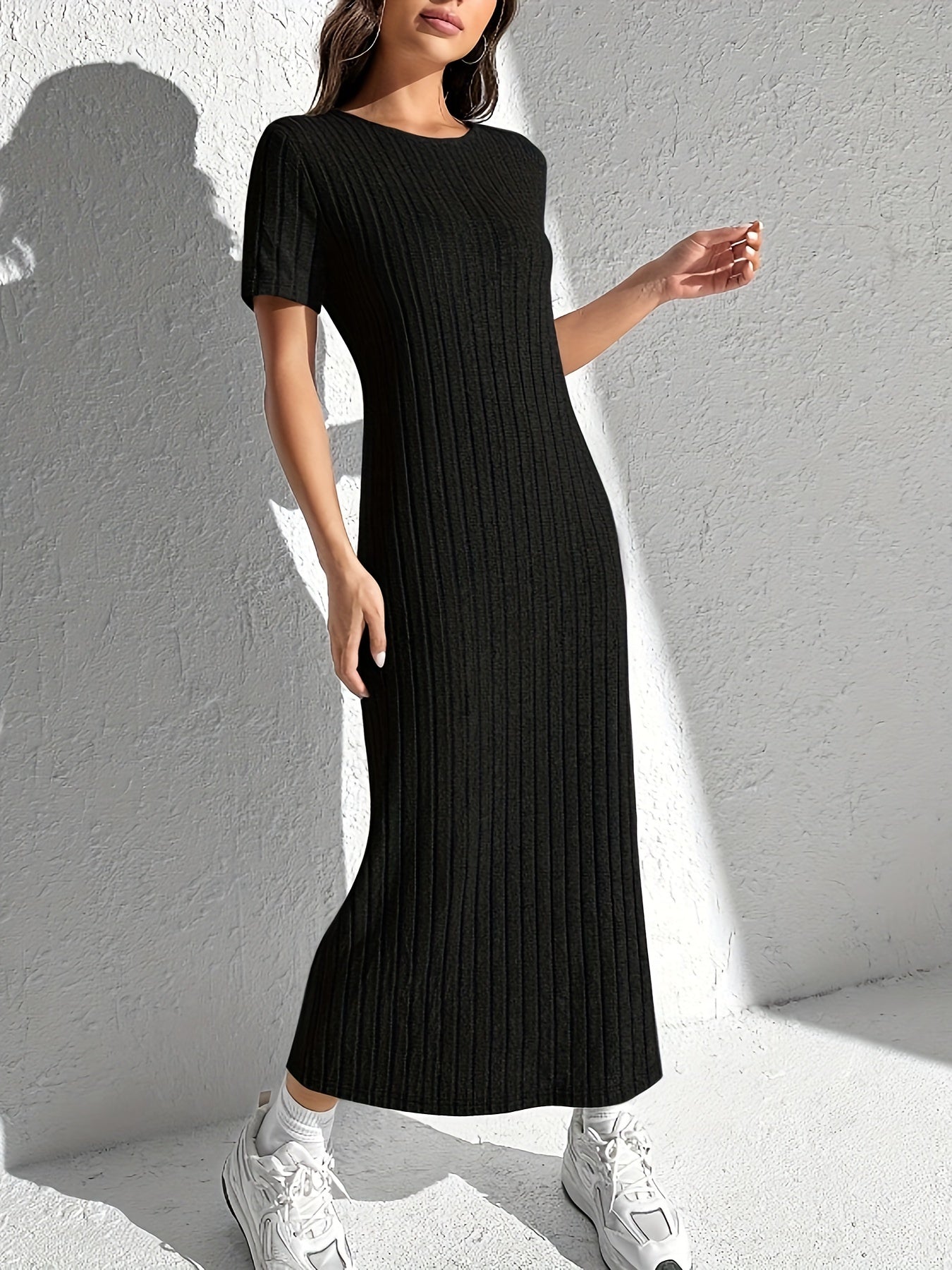 Sweater Dress, Short Sleeve Crew Neck Casual Dress, Women's Clothing.