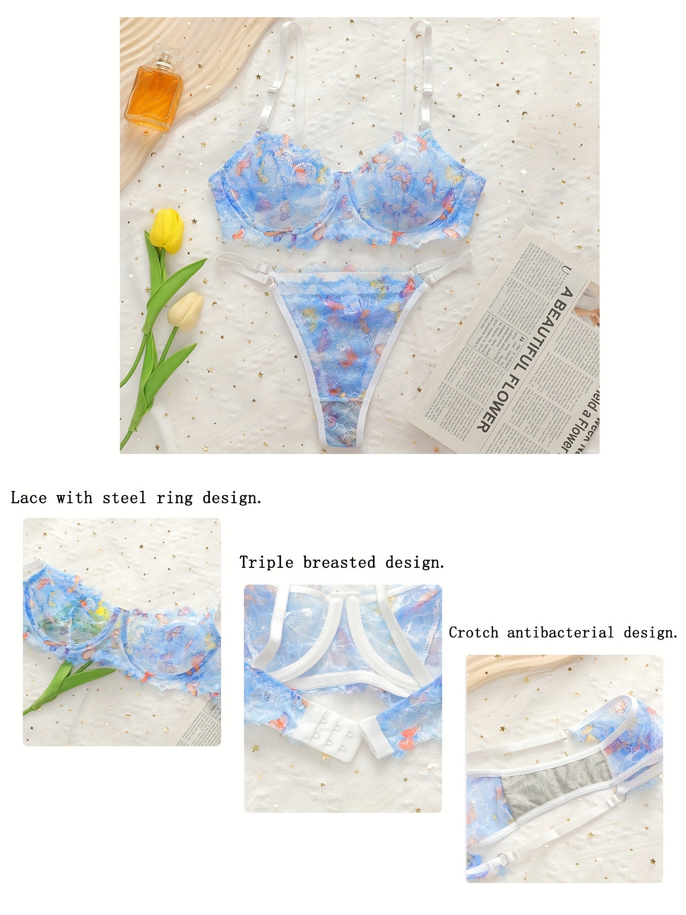 Sexy Lingerie Set, Floral Embroidery Semi Sheer Cami Bra & Panties, /MH