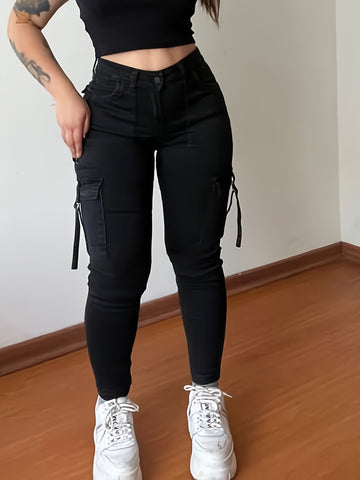 Women's High-Waist Stretchy Black Cargo Pants with Multiple Pockets -/MH