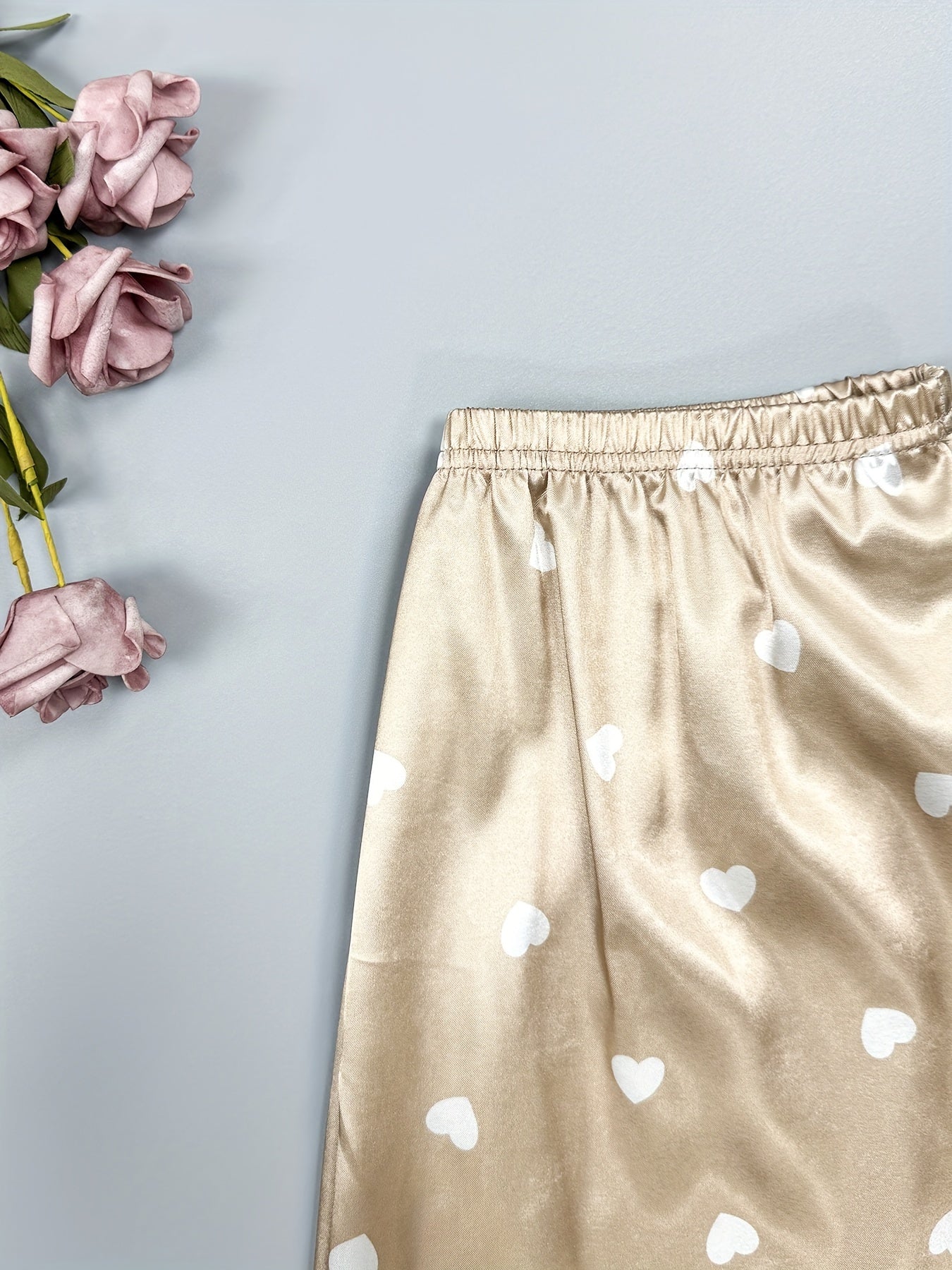 Heart Print Pajama Set, Short Sleeve Buttons Top & Elastic Waistband Pants,