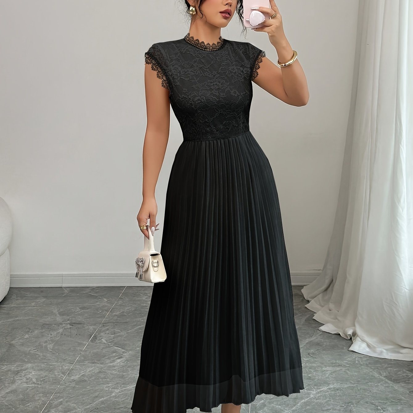 Women'S Elegant Black Floral Lace-Trimmed Pleated Maxi Dress -/MH