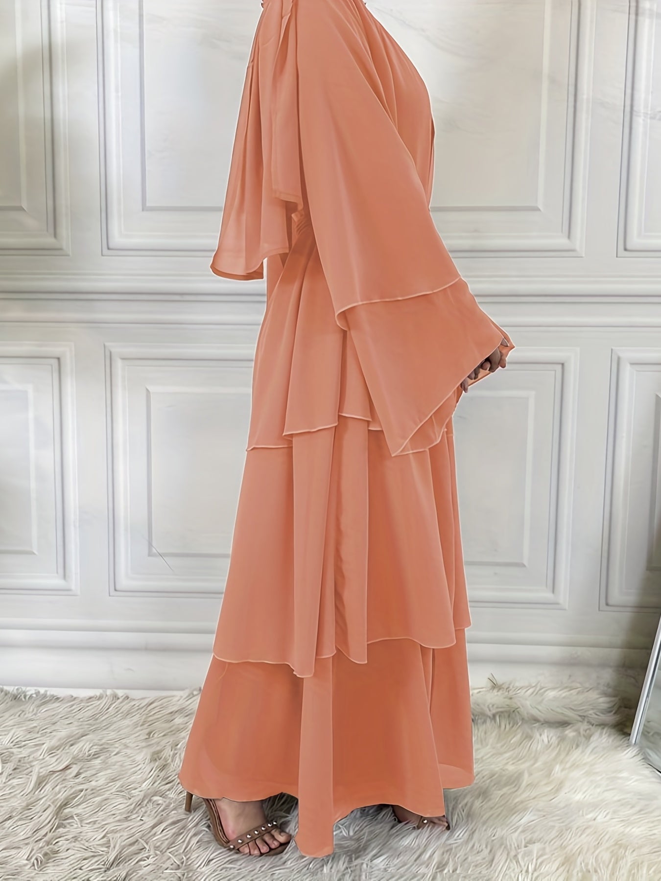 Layered Open Front Modest Dress, Long Sleeve Muslim Dress'/MH