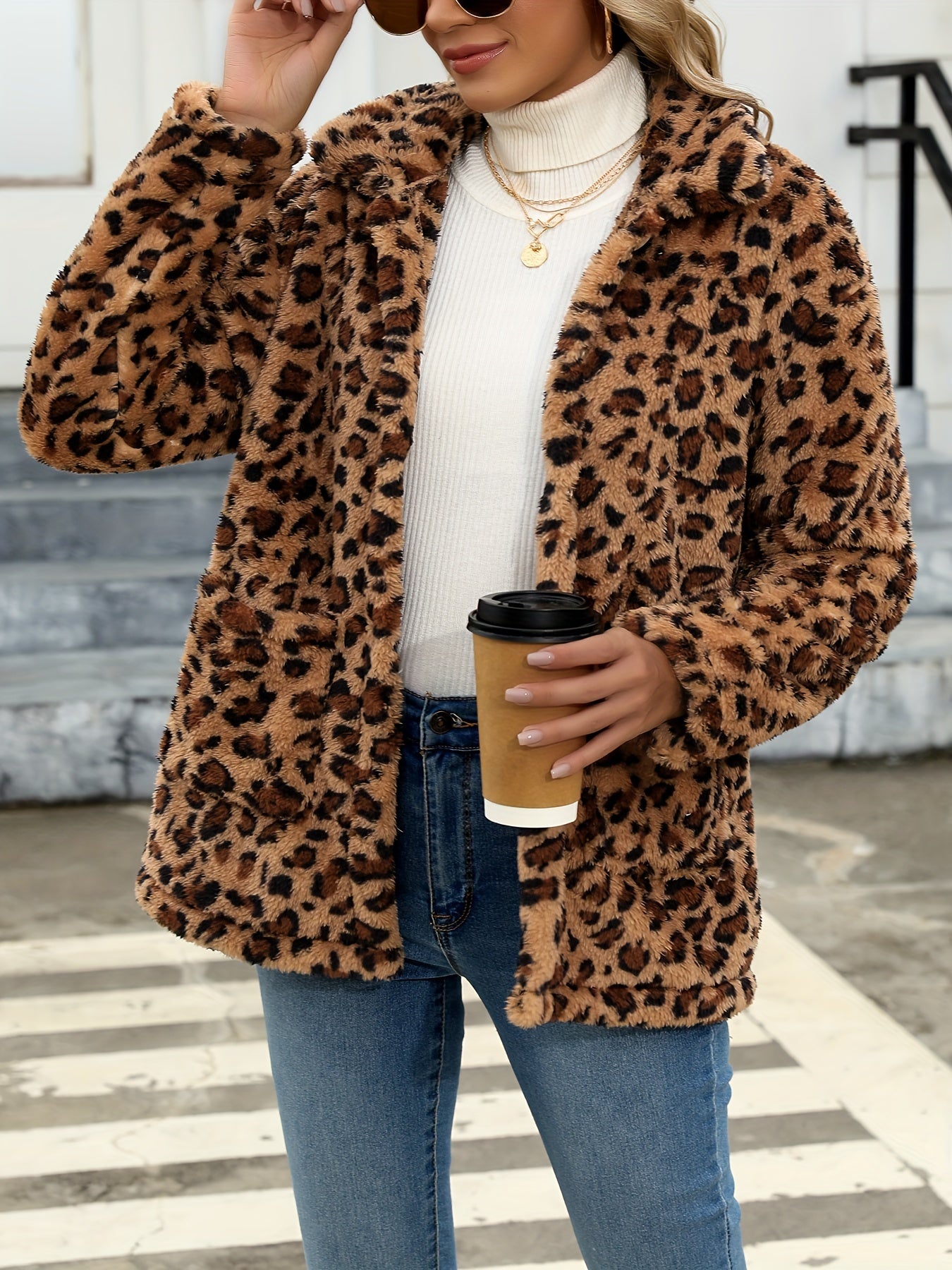 Long Sleeve Plaid Print Teddy Coat with Patched Pockets - Soft, Warm,
