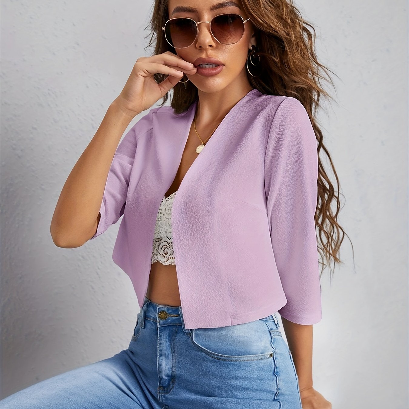 Simple Cropped Blazer, Casual Open Front Work Office .