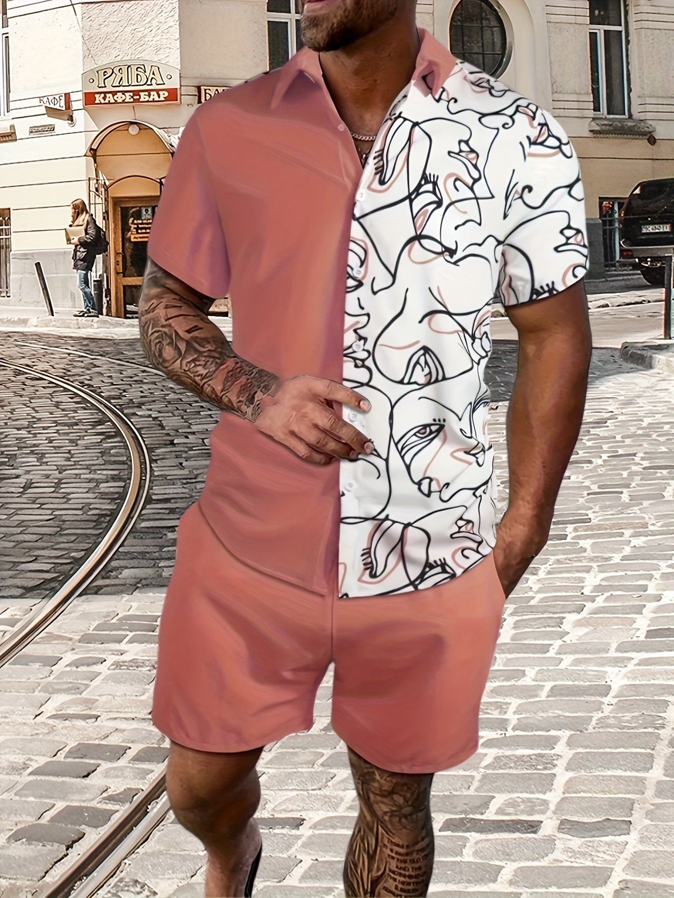 Abstract Painting Print, Men's 2Pcs Outfits, Casual Camp Collar Lapel Button Up.