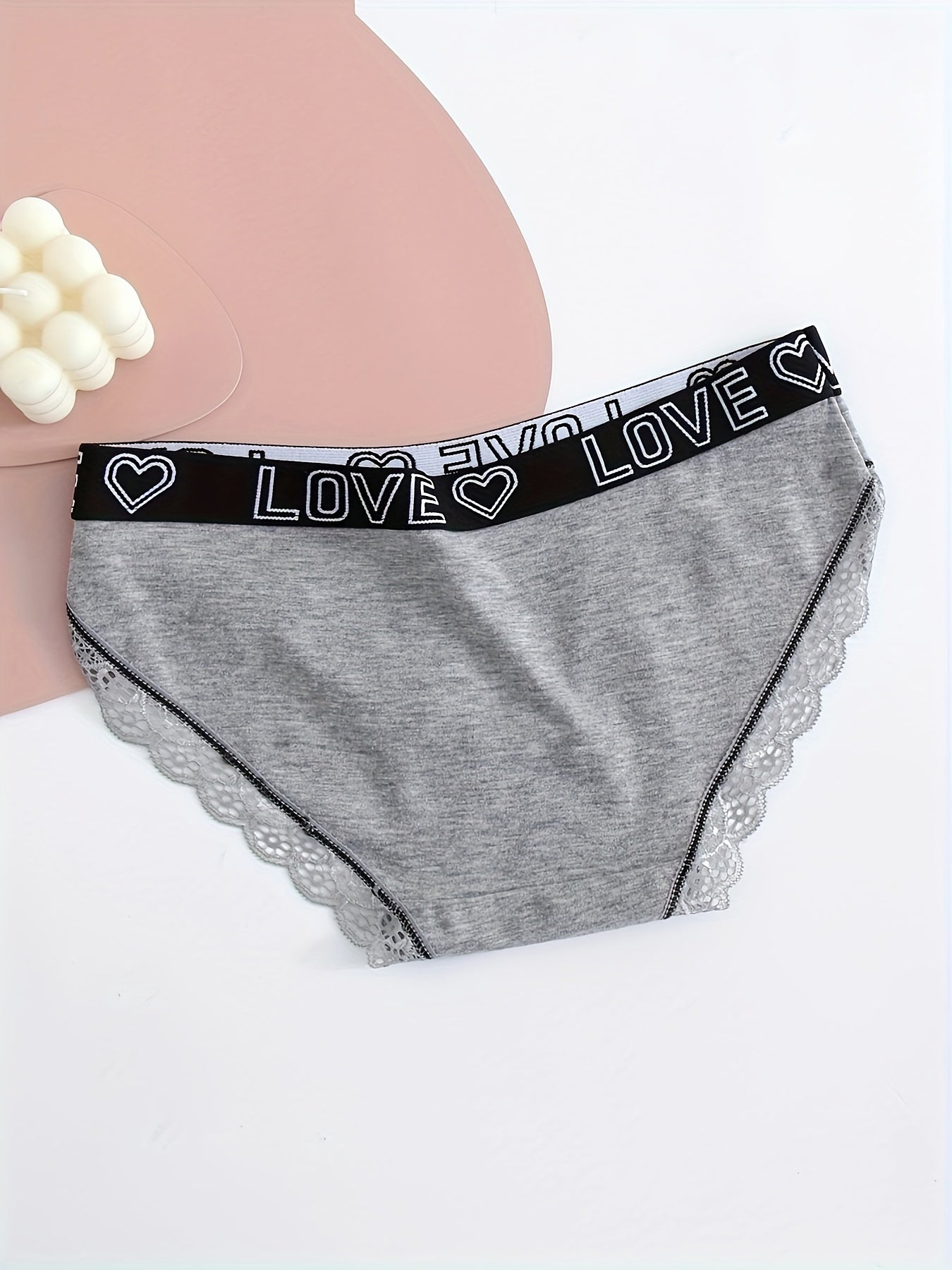 5pcs Contrast Lace Letter Print Briefs, Comfy & Breathable Scallop Trim Panties, /MH