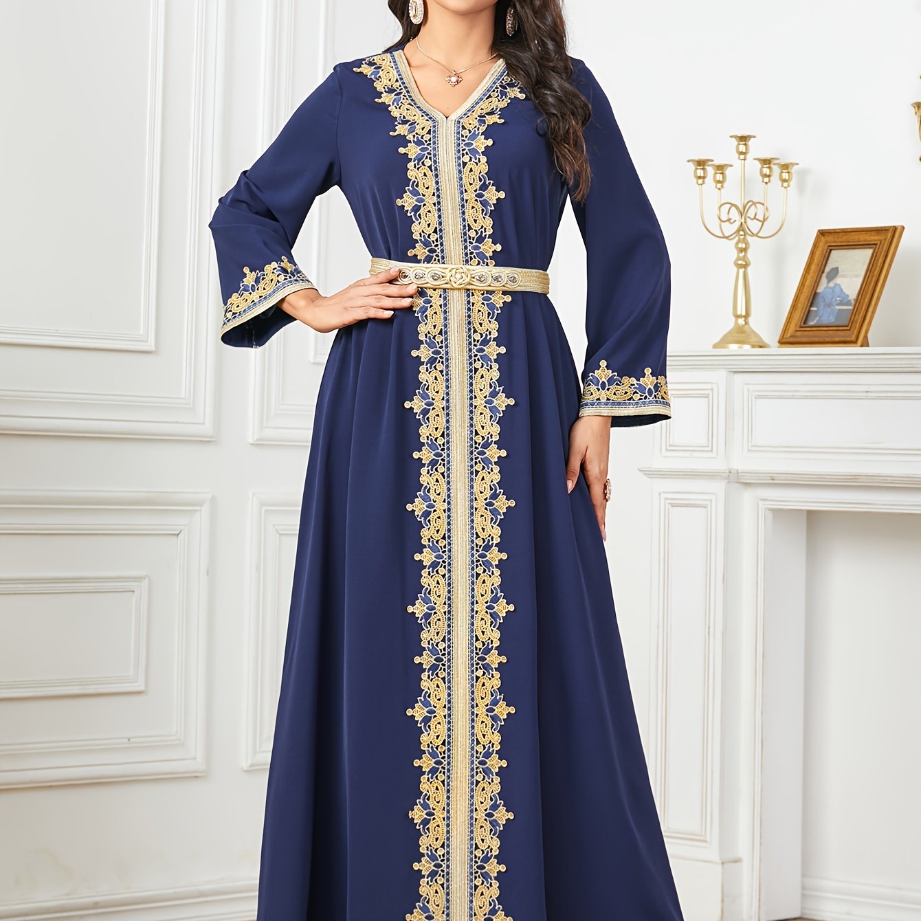 Contrast Lace V-neck Kaftan Dress, Elegant Long Sleeve'/MH