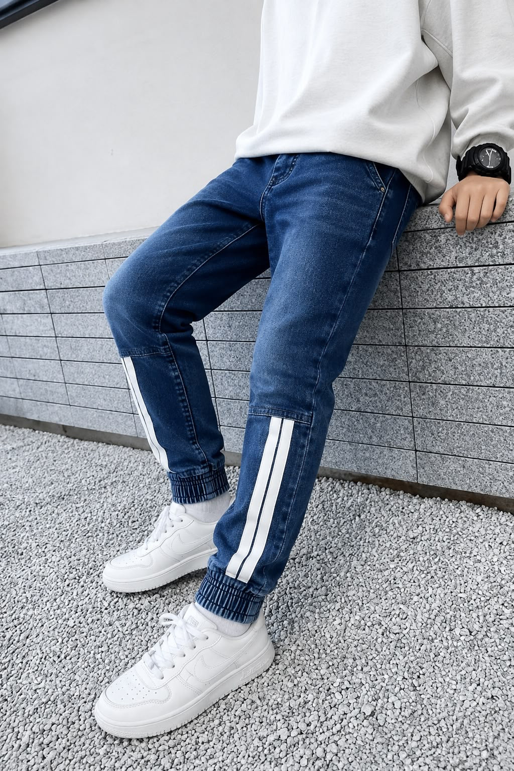 Kids' White Knee Side Stripes Denim Jogger Jeans