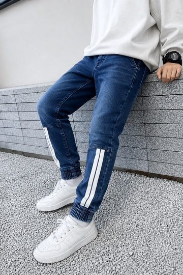 Kids' White Knee Side Stripes Denim Jogger Jeans