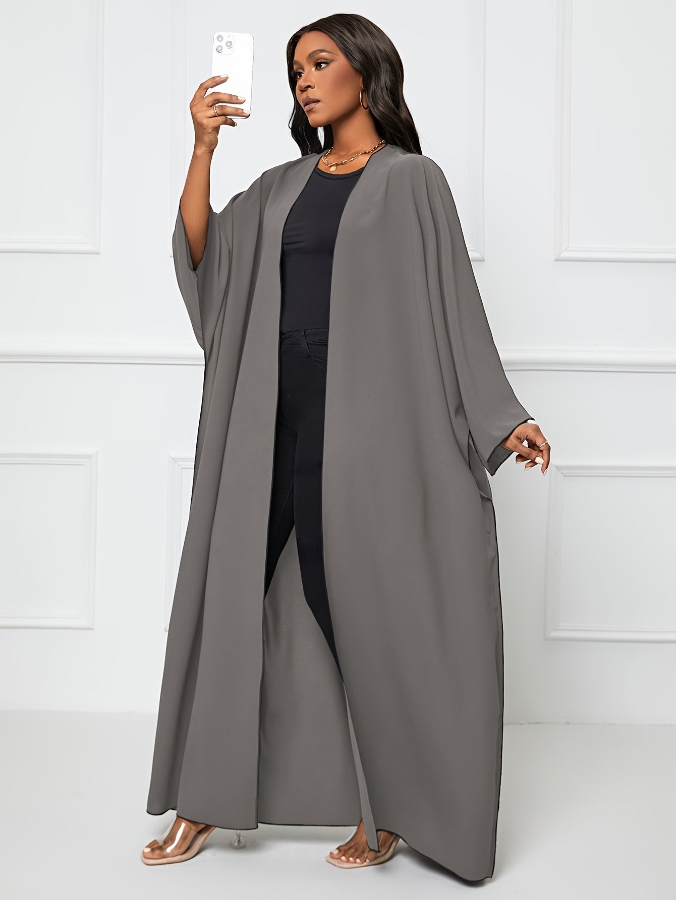 Solid Crew Neck Long Sleeve Kaftan Dress, /MH