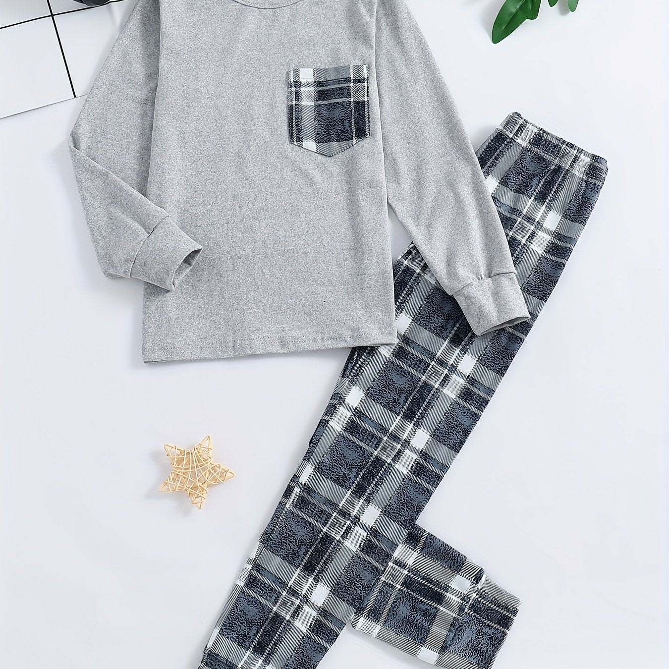 2pcs Plaid Pattern Pajamas For Kids, Pocket Front Long Sleeve Top & Pants Set,