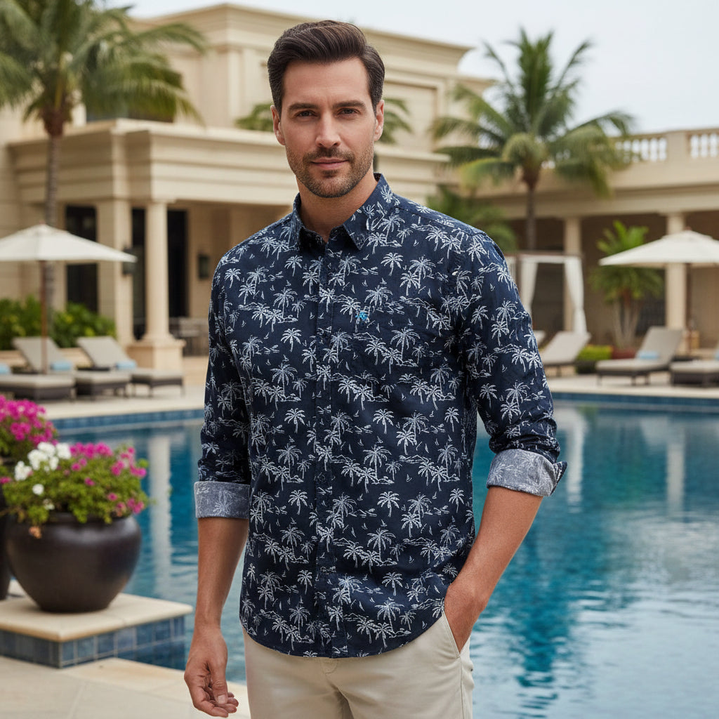 Men's Navy Blue Palm Tree Print Shirt | Tropical Smart-Casual Button-Down (Sizes S-XL) | MH