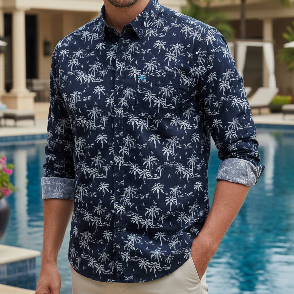 Men's Navy Blue Palm Tree Print Shirt | Tropical Smart-Casual Button-Down (Sizes S-XL) | MH