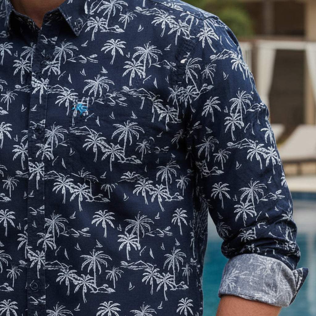 Men's Navy Blue Palm Tree Print Shirt | Tropical Smart-Casual Button-Down (Sizes S-XL) | MH