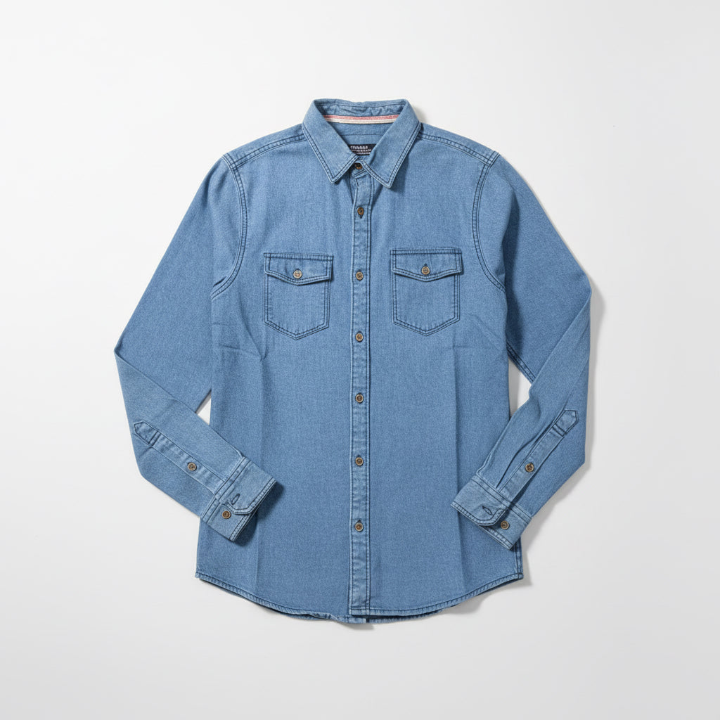Men’s Blue Denim Button-Up Shirt Long Sleeve Relaxed Fit | Sizes S-XL | MH