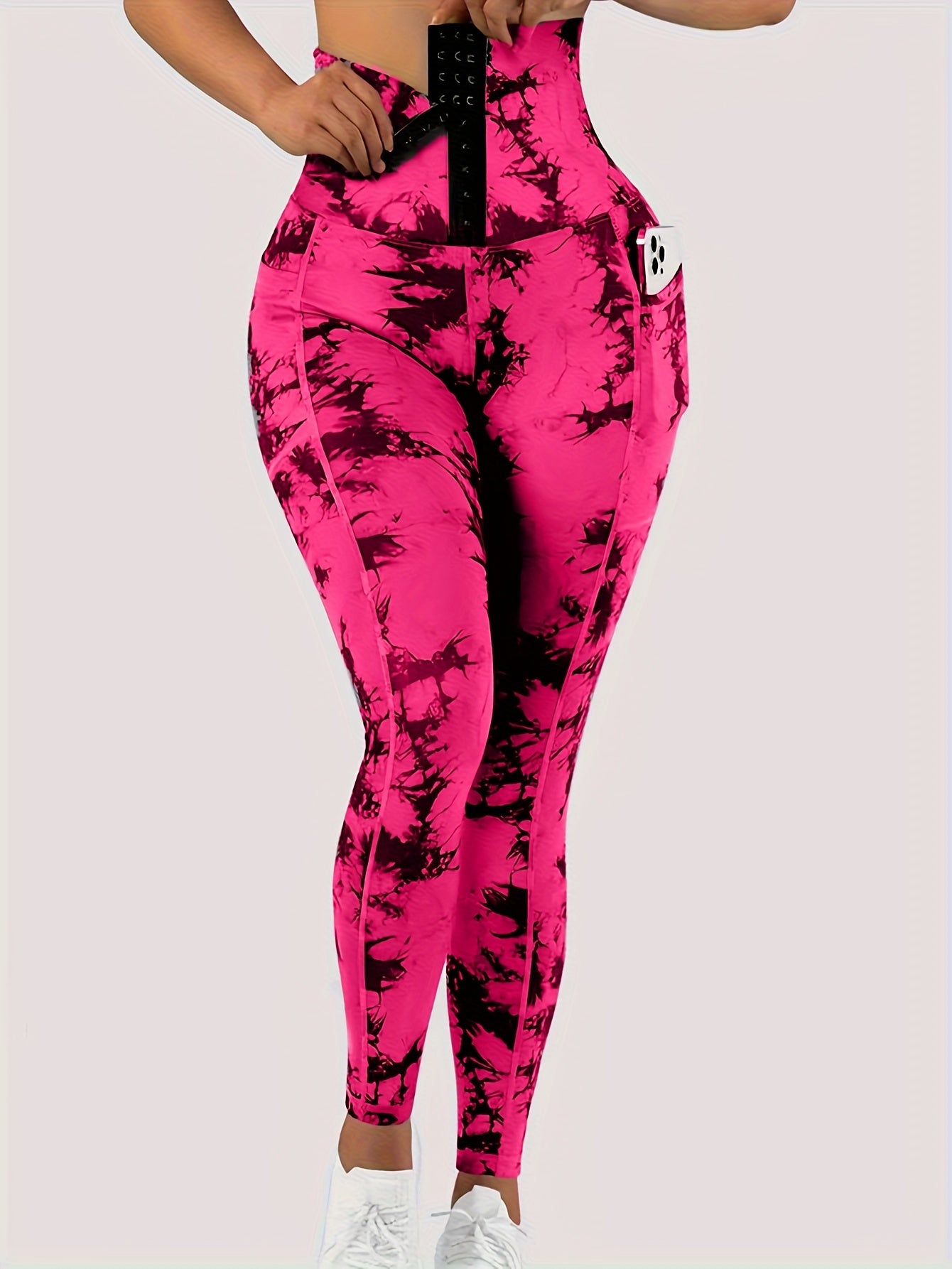 Women'S High-Waist Tie-Dye Yoga Leggings with Front Button Closure & Pockets .