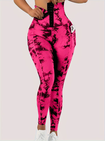 Women'S High-Waist Tie-Dye Yoga Leggings with Front Button Closure & Pockets .