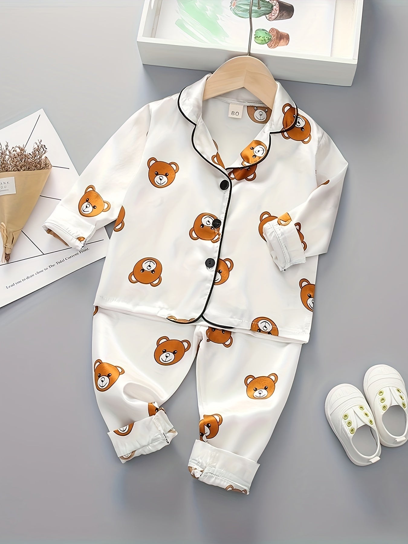 2pcs Boys Bear Print Button Up Long Sleeve Top & Elastic Waist Long Pants Set, Comfy Boys Clothes