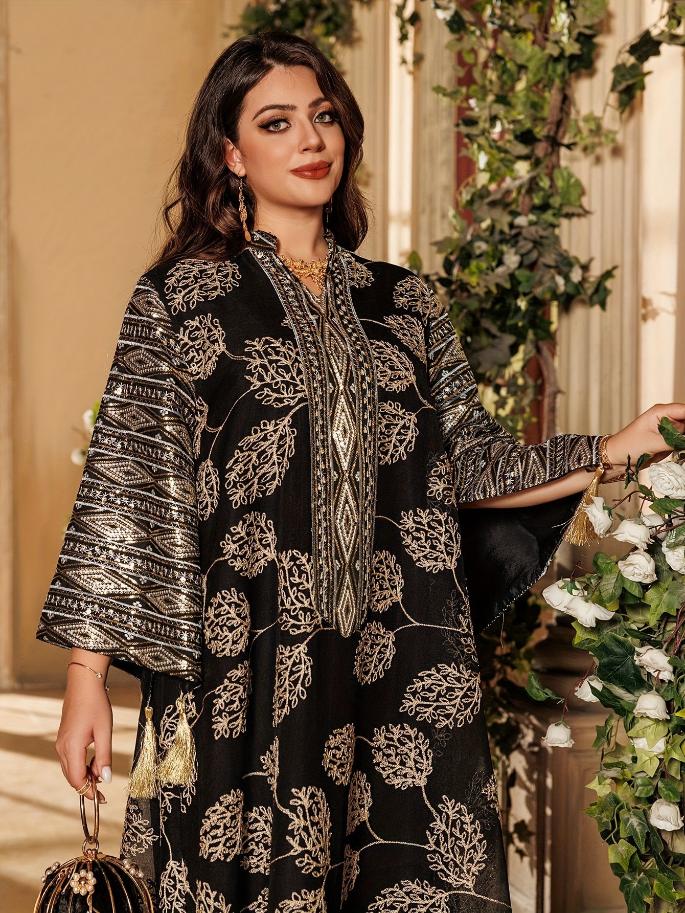 Elegant Black & Golden Decorated Kaftan for Women - ./MH