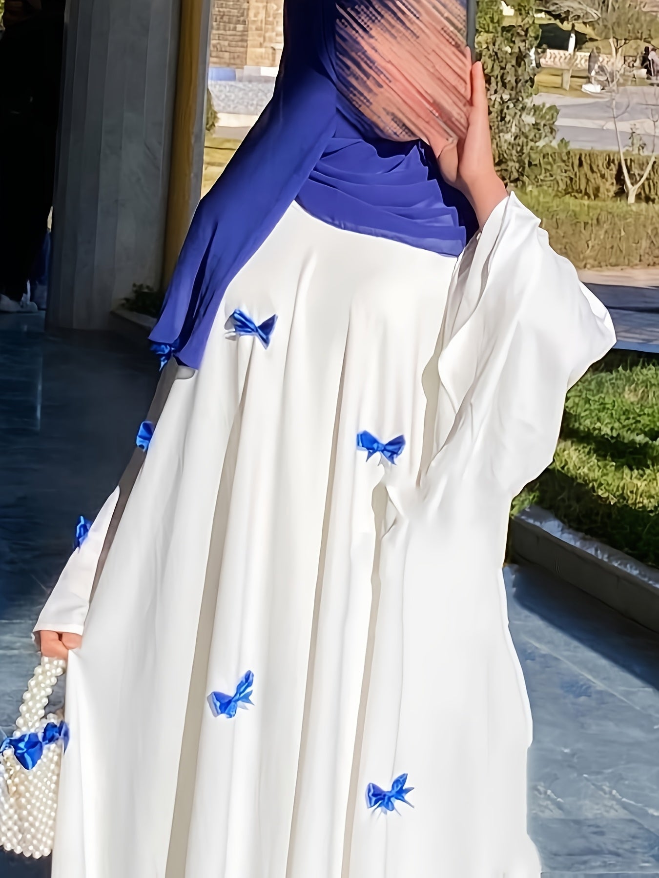 Elegant White Abaya with Blue Bow Accents - ./MH