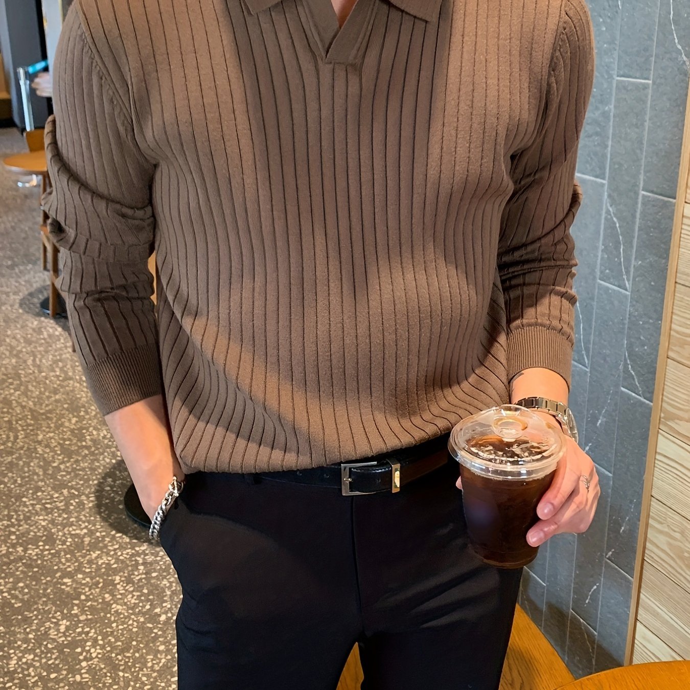 Chic Knit Shirt, Men's Casual Stylish Lapel Middle Stretch V-Neck .