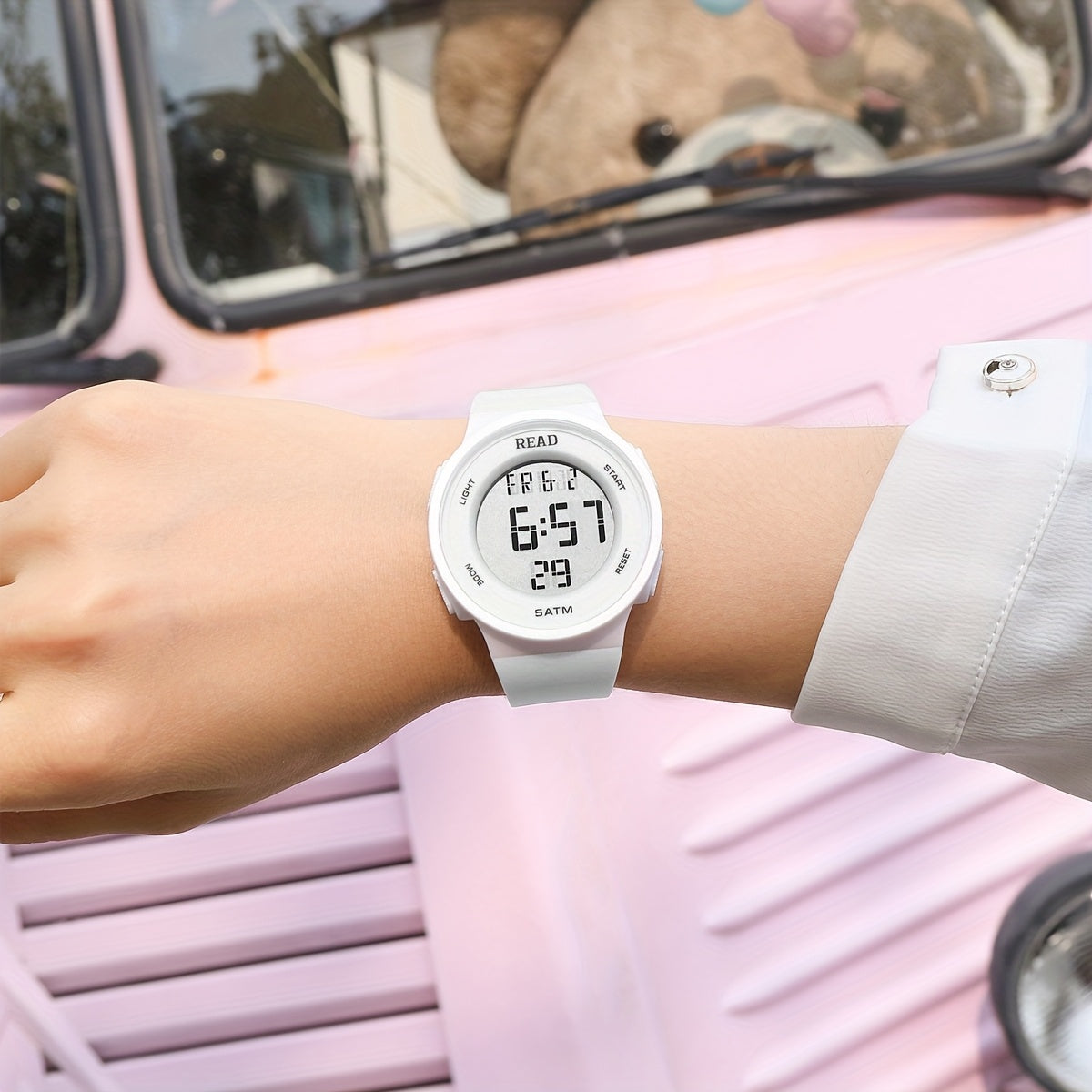 Cute Round Digital Watch, Stainless Steel Strap, Chronograph.