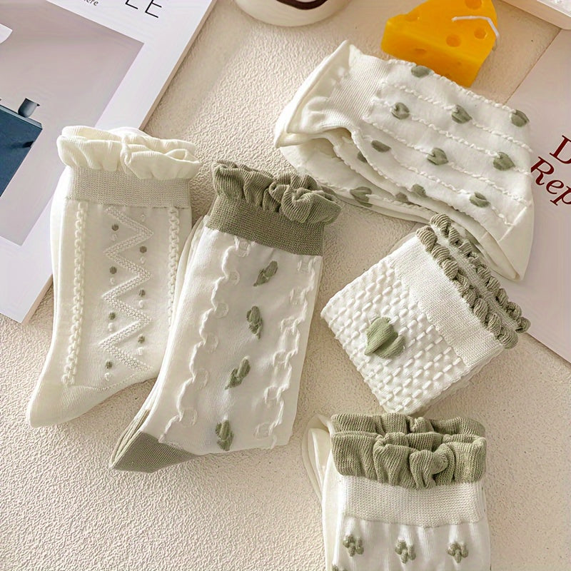 10 Pairs Floral & Heart Textured Ruffle Mid Tube Socks -e, Women's /MH