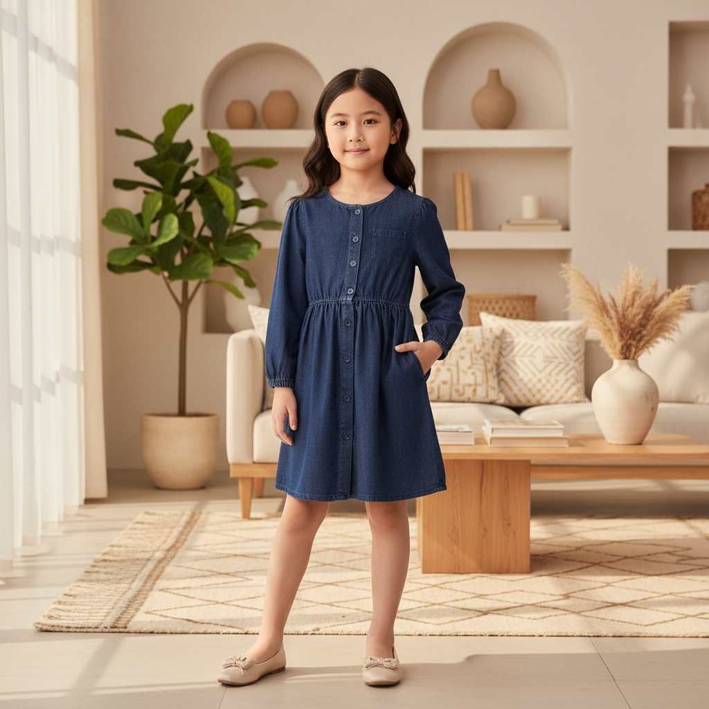 Girls Navy Blue Denim Long Sleeve Button Front Dress with Floral Embroidery (1–6Years)