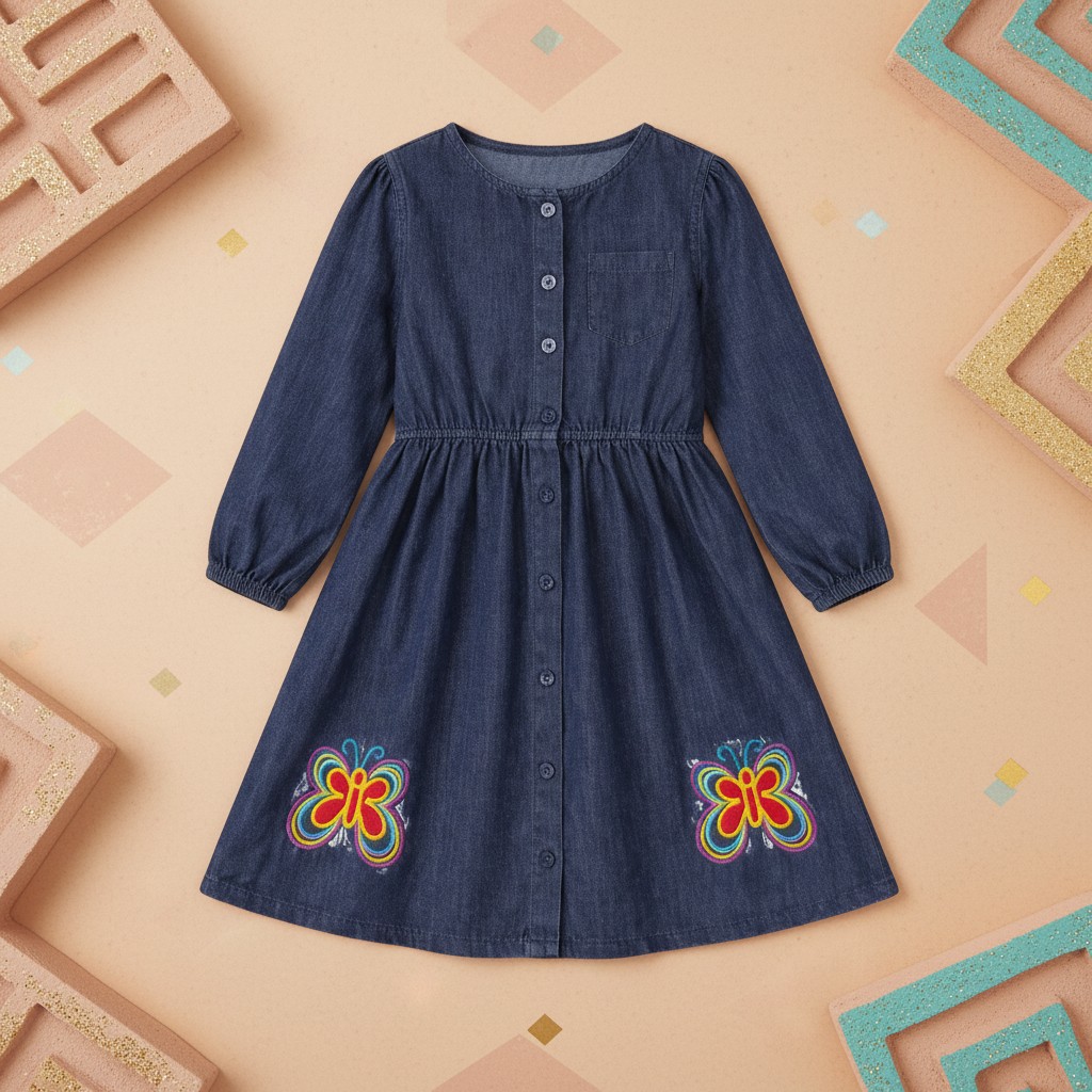 Girls Navy Blue Denim Long Sleeve Button Front Dress with Floral Embroidery (1–6Years)
