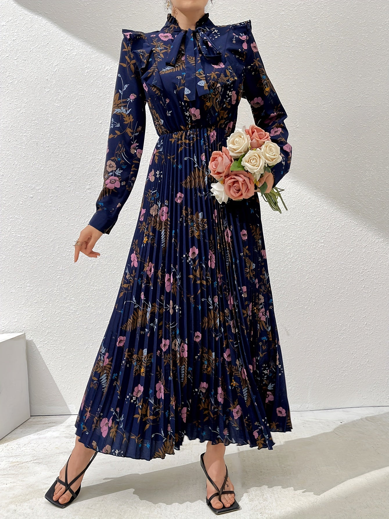 Floral Print Tie Neck Ruffle Trim Kaftan Dress, Elegant Long Sleeve '/MH